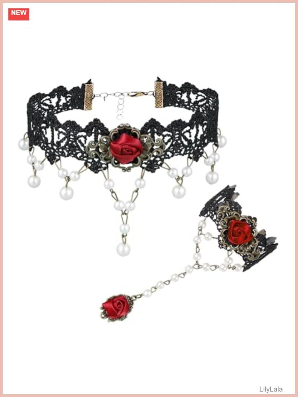 Lace Choker Necklace Bracelet Ring Set Gothic Victorian Charm Adjustable